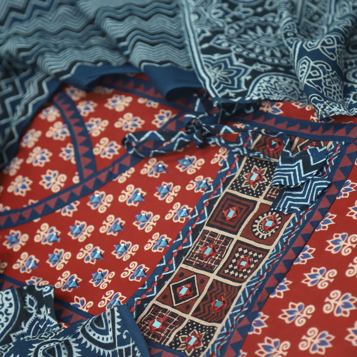 Aatish Carmine Red Ajrak Print Angrakha Style Cotton Suit Set