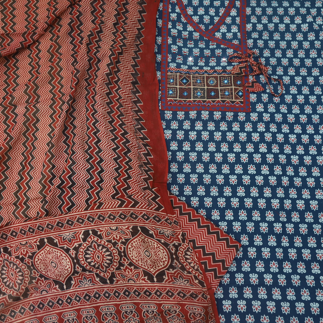 Aatish Midnight Blue Ajrak Print Angrakha Style Cotton Suit Set