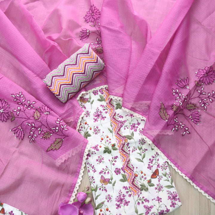 Hayaat White with Purple Floral Printed Sequence Work Cotton Suit Set