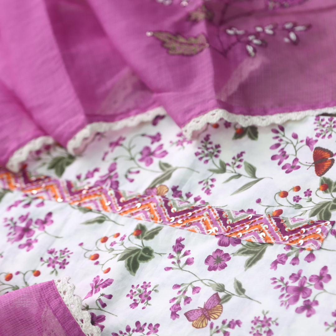 Hayaat White with Purple Floral Printed Sequence Work Cotton Suit Set