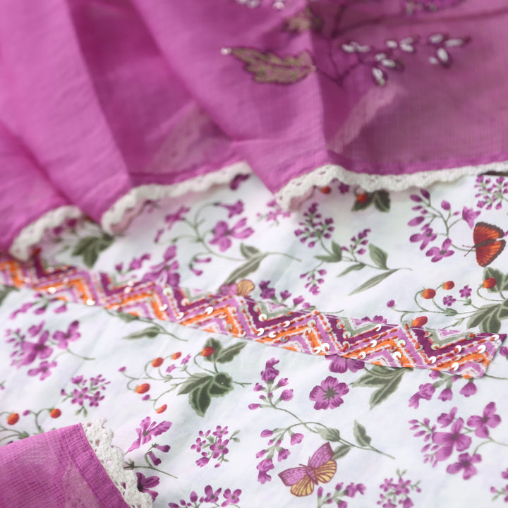 Hayaat White with Purple Floral Printed Sequence Work Cotton Suit Set