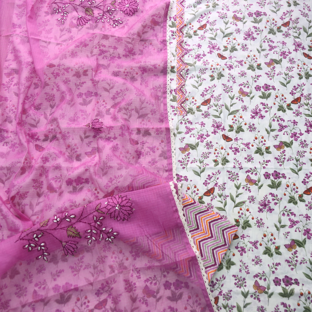 Hayaat White with Purple Floral Printed Sequence Work Cotton Suit Set