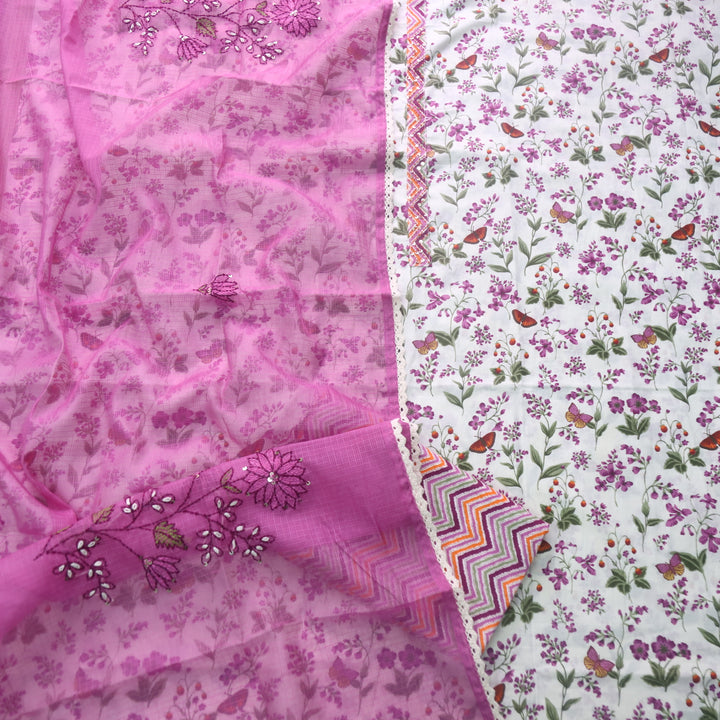 Hayaat White with Purple Floral Printed Sequence Work Cotton Suit Set
