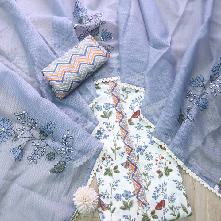 Hayaat White with Blueberry Grey Floral Printed Sequence Work Cotton Suit Set