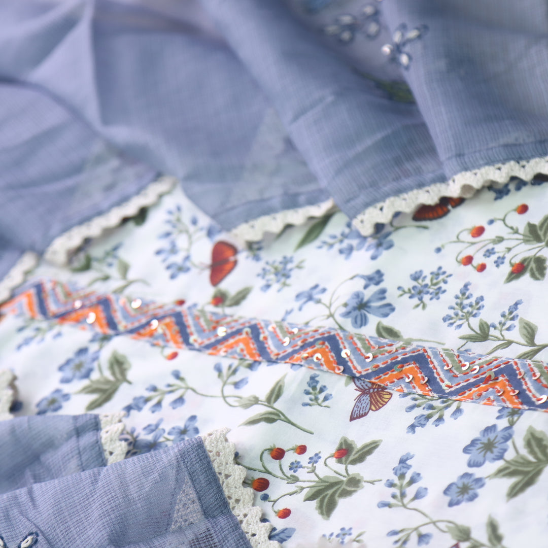 Hayaat White with Blueberry Grey Floral Printed Sequence Work Cotton Suit Set