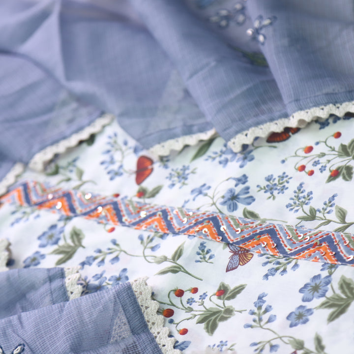 Hayaat White with Blueberry Grey Floral Printed Sequence Work Cotton Suit Set