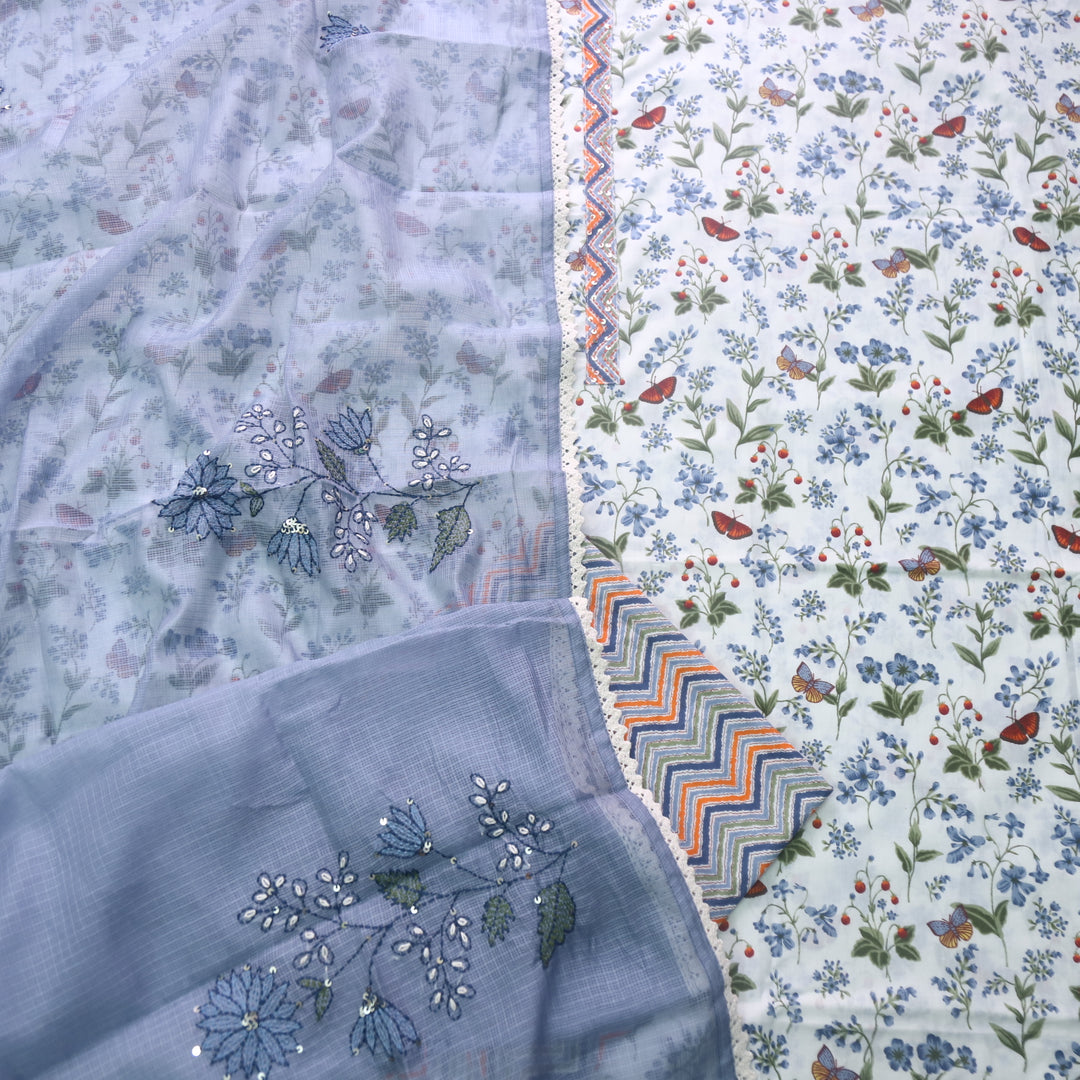 Hayaat White with Blueberry Grey Floral Printed Sequence Work Cotton Suit Set