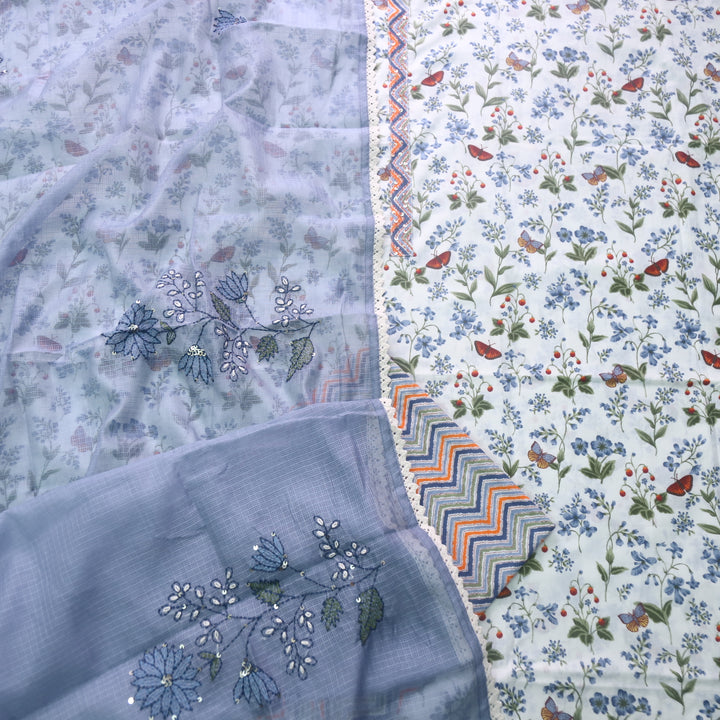 Hayaat White with Blueberry Grey Floral Printed Sequence Work Cotton Suit Set