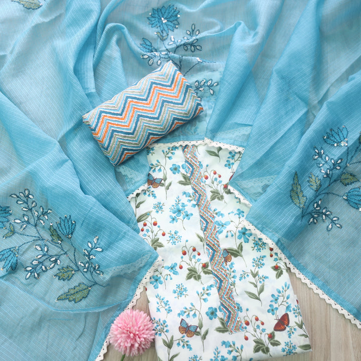 Hayaat White with Aqua Floral Printed Sequence Work Cotton Suit Set