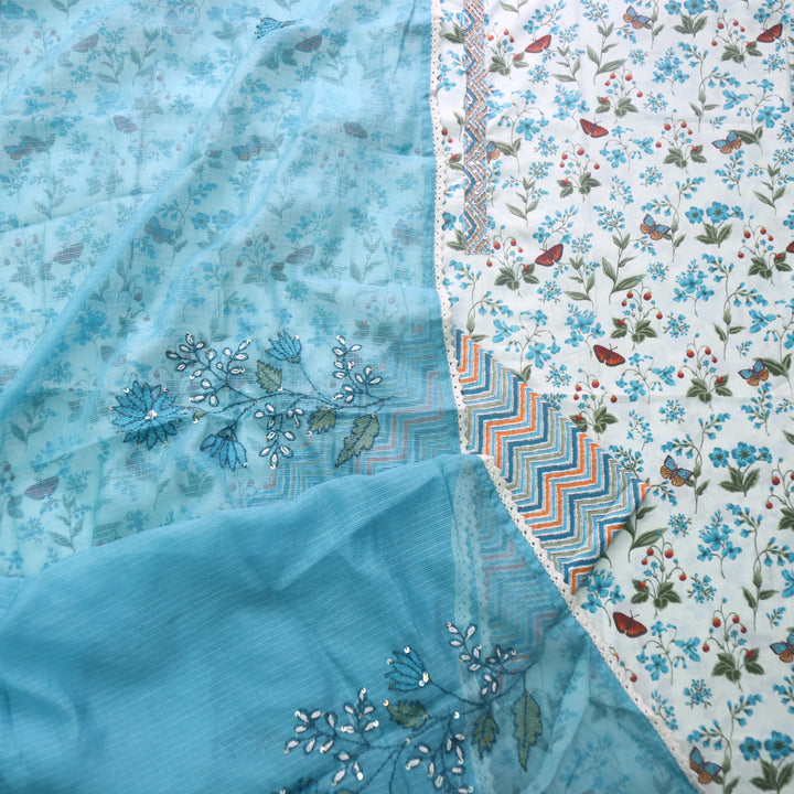 Hayaat White with Aqua Floral Printed Sequence Work Cotton Suit Set