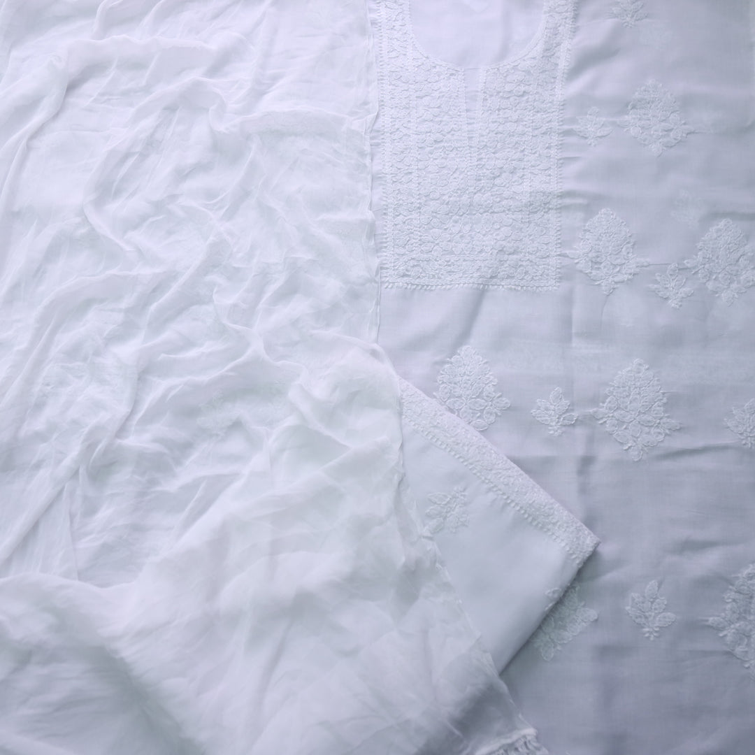 Mohataaz Pearl White Authentic Chikankari Cotton Top with Chiffon Dupatta-D6