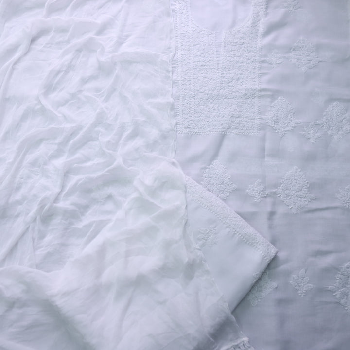 Mohataaz Pearl White Authentic Chikankari Cotton Top with Chiffon Dupatta-D6
