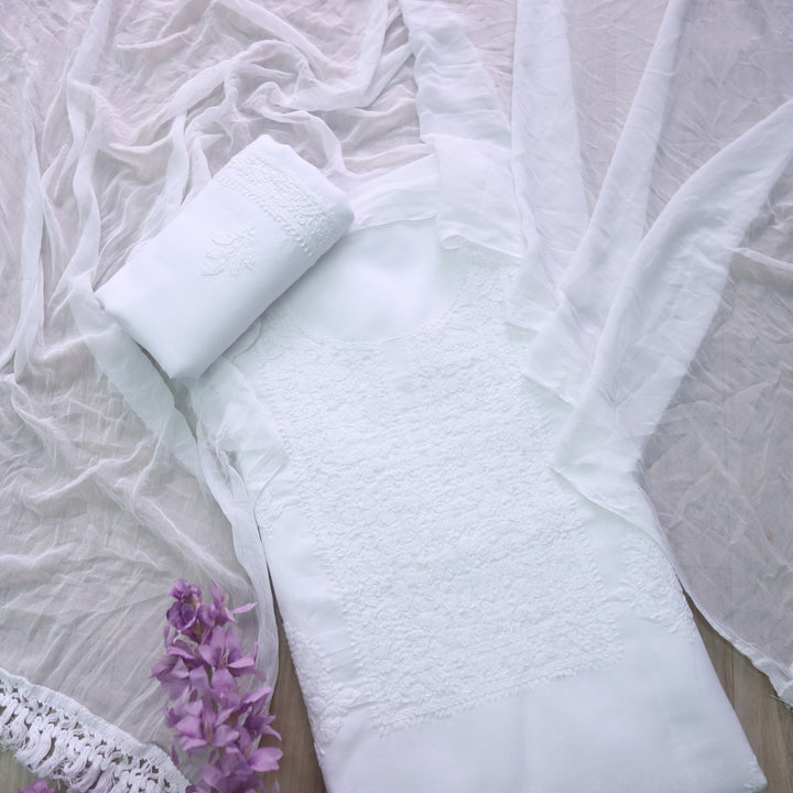 Mohataaz Pearl White Authentic Chikankari Cotton Top with Chiffon Dupatta-D6