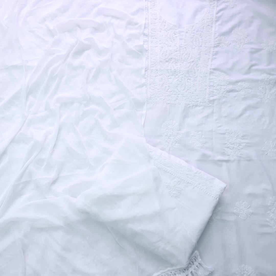 Mohataaz Pearl White Authentic Chikankari Cotton Top with Chiffon Dupatta-D5