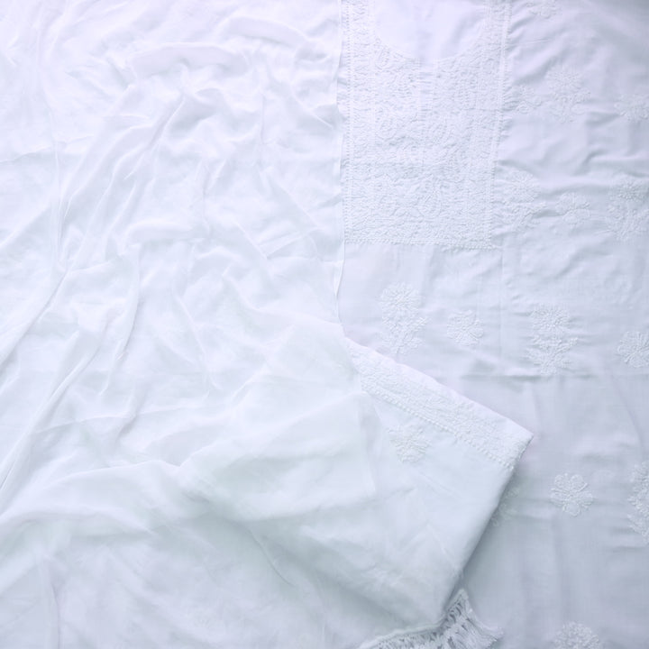 Mohataaz Pearl White Authentic Chikankari Cotton Top with Chiffon Dupatta-D5