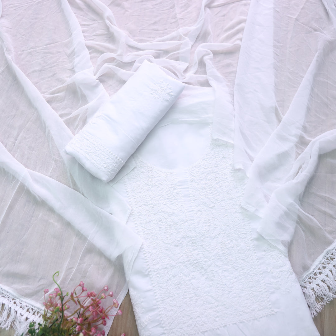 Mohataaz Pearl White Authentic Chikankari Cotton Top with Chiffon Dupatta-D5