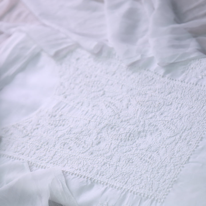 Mohataaz Pearl White Authentic Chikankari Cotton Top with Chiffon Dupatta-D5