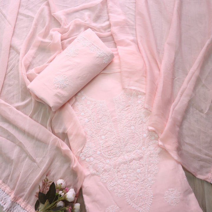 Mohataaz Light Peach Authentic Chikankari Cotton Top with Chiffon Dupatta-D3