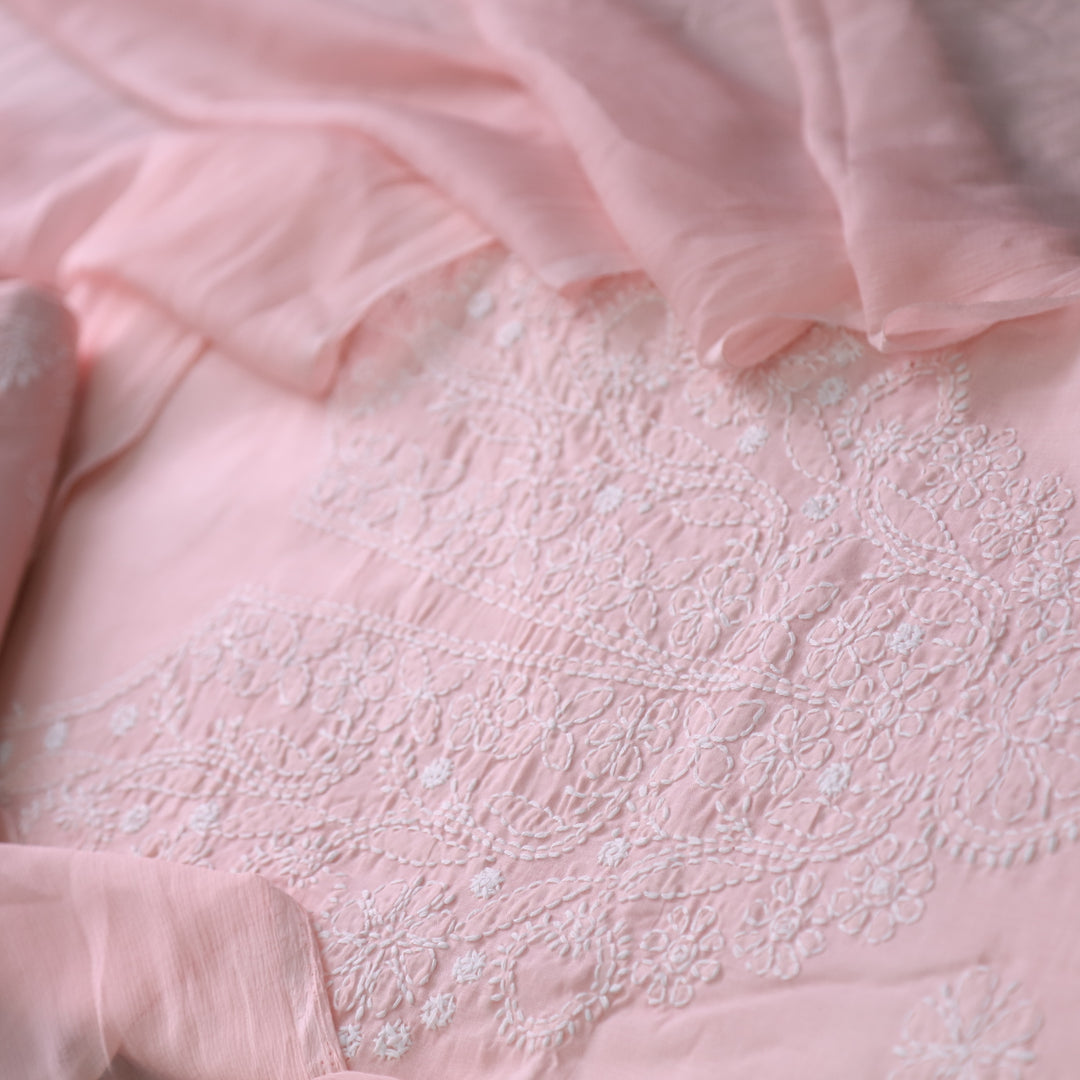 Mohataaz Light Peach Authentic Chikankari Cotton Top with Chiffon Dupatta-D3