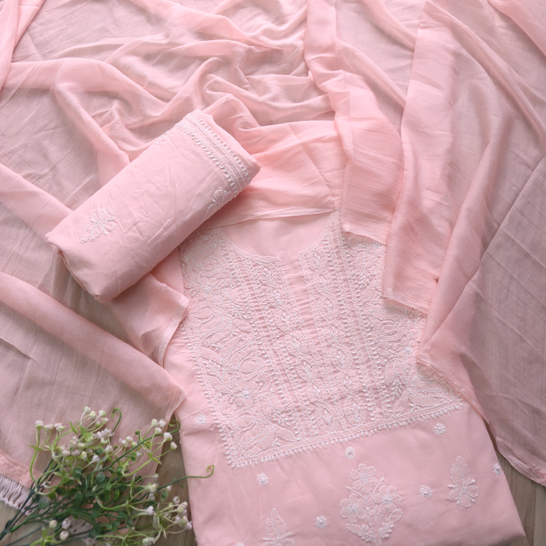 Mohataaz Light Peach Authentic Chikankari Cotton Top with Chiffon Dupatta-D1