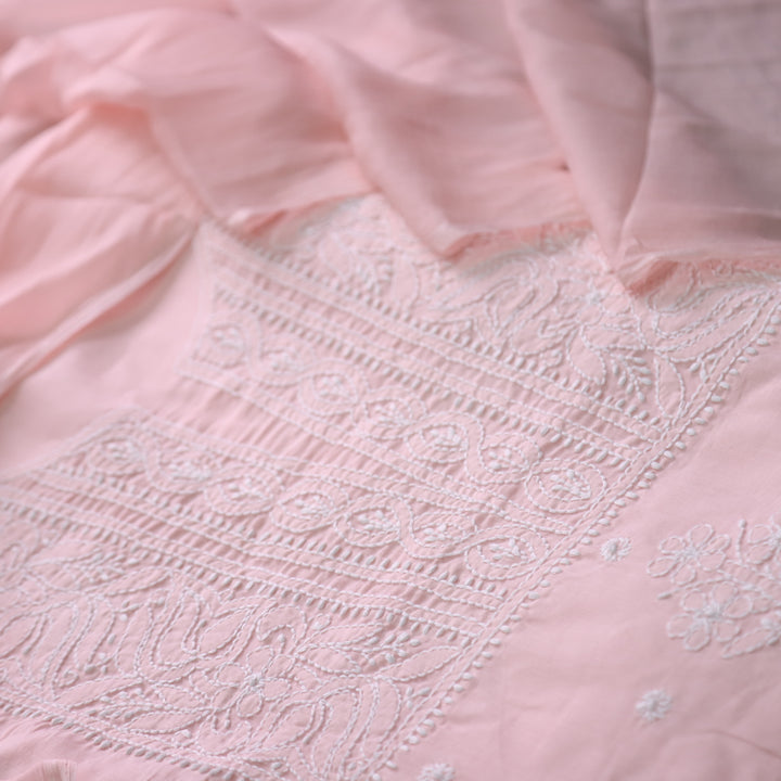 Mohataaz Light Peach Authentic Chikankari Cotton Top with Chiffon Dupatta-D1