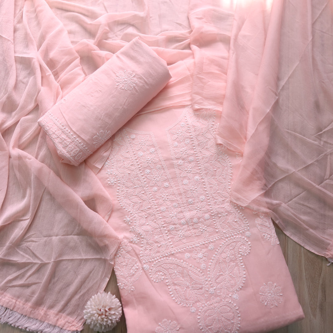 Mohataaz Light Peach Authentic Chikankari Cotton Top with Chiffon Dupatta-D5