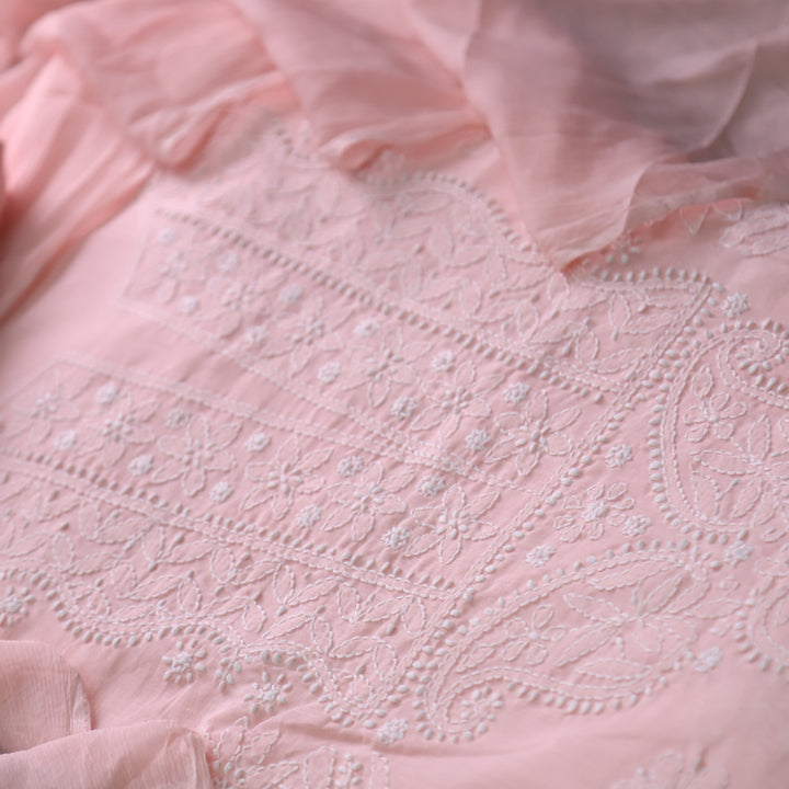 Mohataaz Light Peach Authentic Chikankari Cotton Top with Chiffon Dupatta-D5