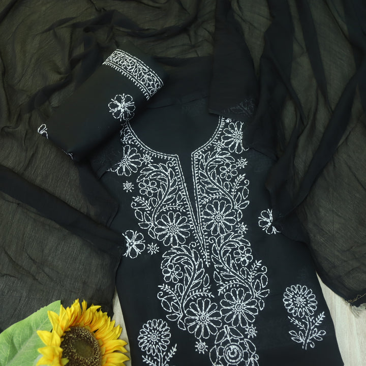 Izhaar Ebony Black Authentic Chikankari Cotton Suit Set D5