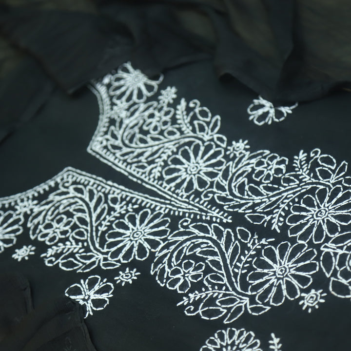 Izhaar Ebony Black Authentic Chikankari Cotton Suit Set D5