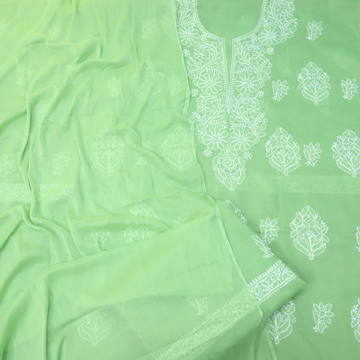 Mohataaz Parrot Green Authentic Chikankari Cotton Top with Chiffon Dupatta-D6