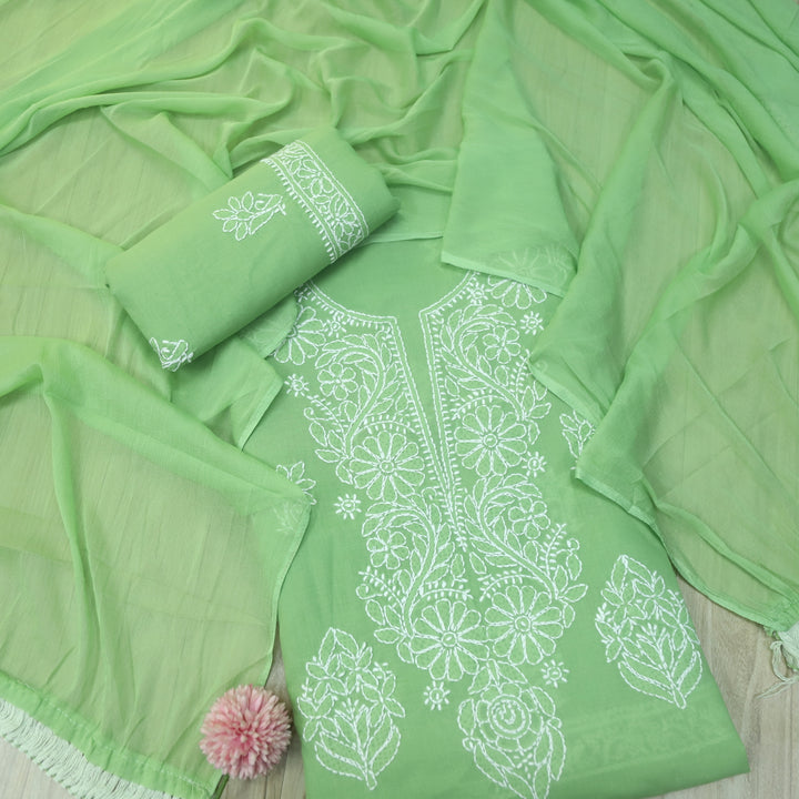 Mohataaz Parrot Green Authentic Chikankari Cotton Top with Chiffon Dupatta-D6