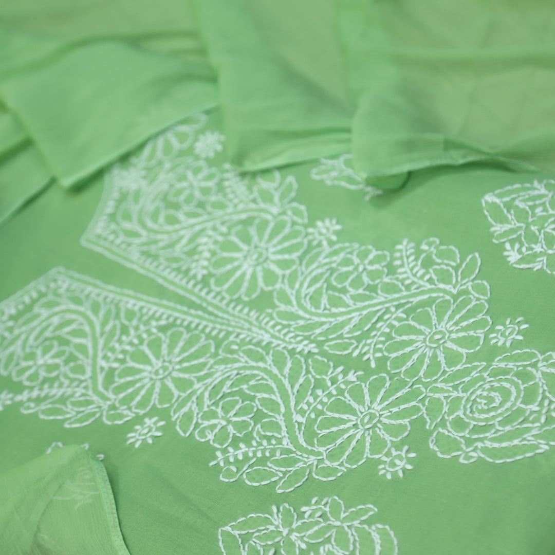 Mohataaz Parrot Green Authentic Chikankari Cotton Top with Chiffon Dupatta-D6