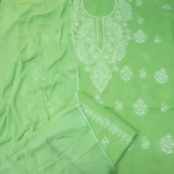 Mohataaz Parrot Green Authentic Chikankari Cotton Top with Chiffon Dupatta-D4