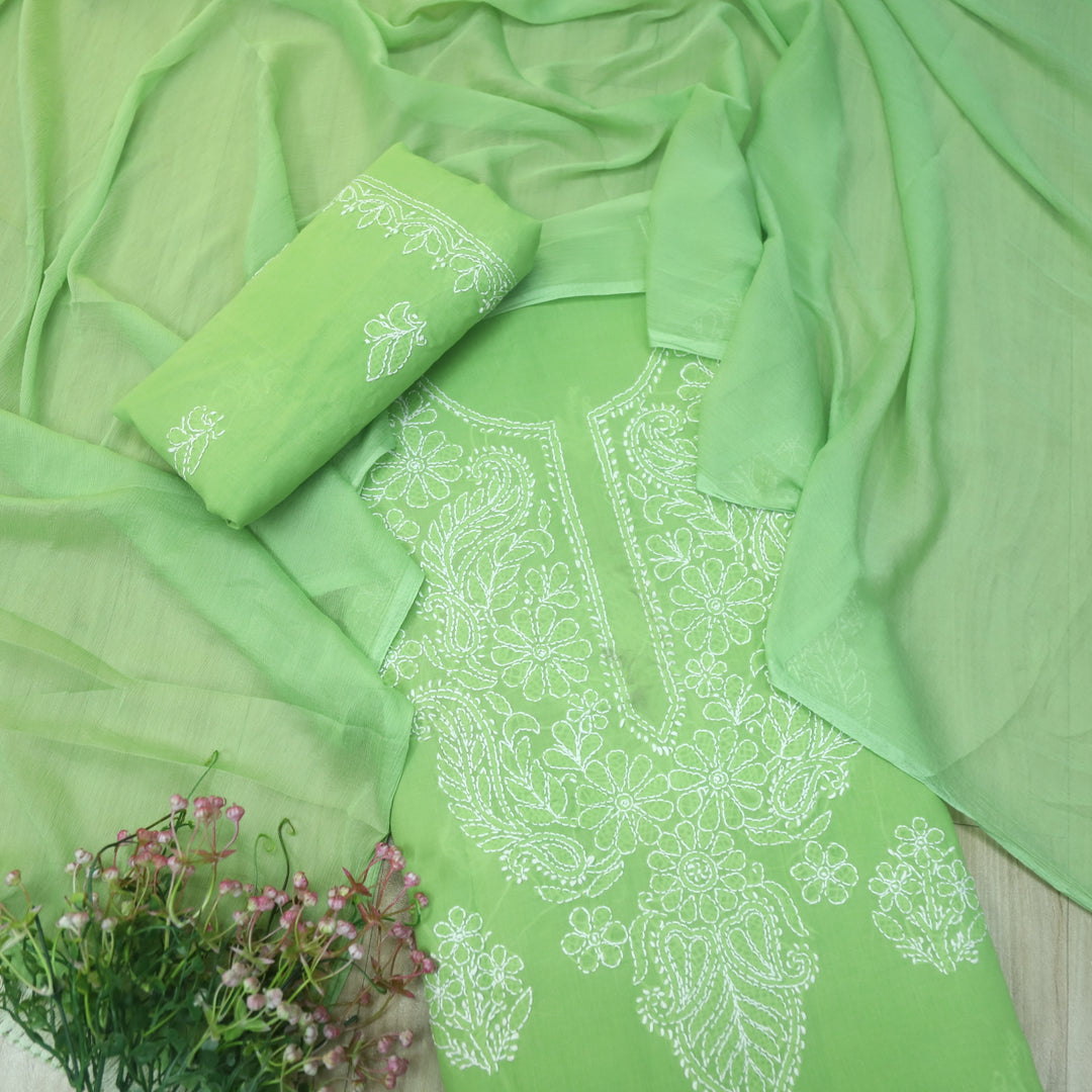 Mohataaz Parrot Green Authentic Chikankari Cotton Top with Chiffon Dupatta-D4