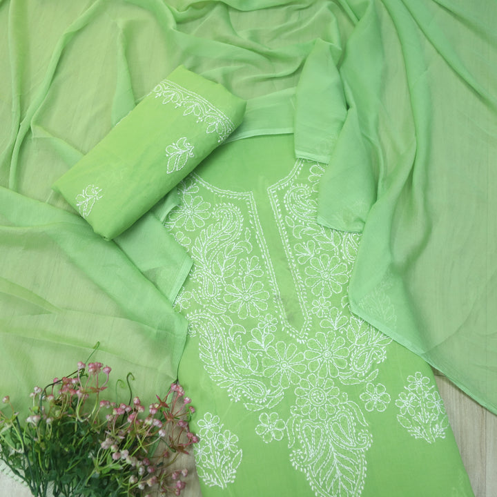 Mohataaz Parrot Green Authentic Chikankari Cotton Top with Chiffon Dupatta-D4