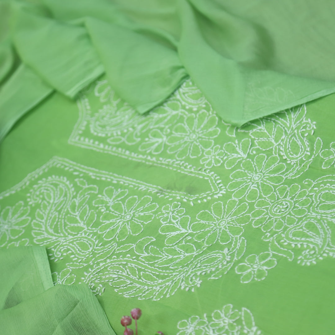 Mohataaz Parrot Green Authentic Chikankari Cotton Top with Chiffon Dupatta-D4