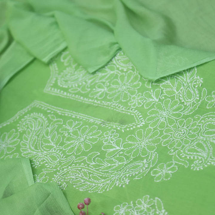 Mohataaz Parrot Green Authentic Chikankari Cotton Top with Chiffon Dupatta-D4