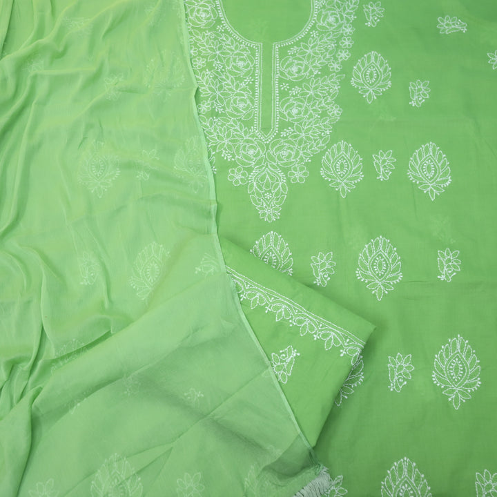 Mohataaz Parrot Green Authentic Chikankari Cotton Top with Chiffon Dupatta-D5