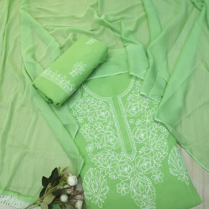 Mohataaz Parrot Green Authentic Chikankari Cotton Top with Chiffon Dupatta-D5