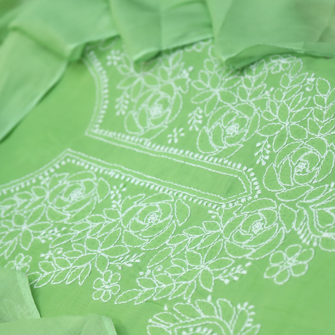 Mohataaz Parrot Green Authentic Chikankari Cotton Top with Chiffon Dupatta-D5