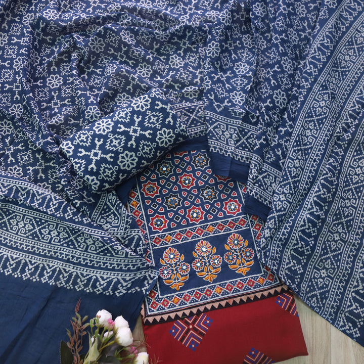 Chandni Apple Red Ajrak Print Patch Work Cotton Top With Printed Dupatta-D1