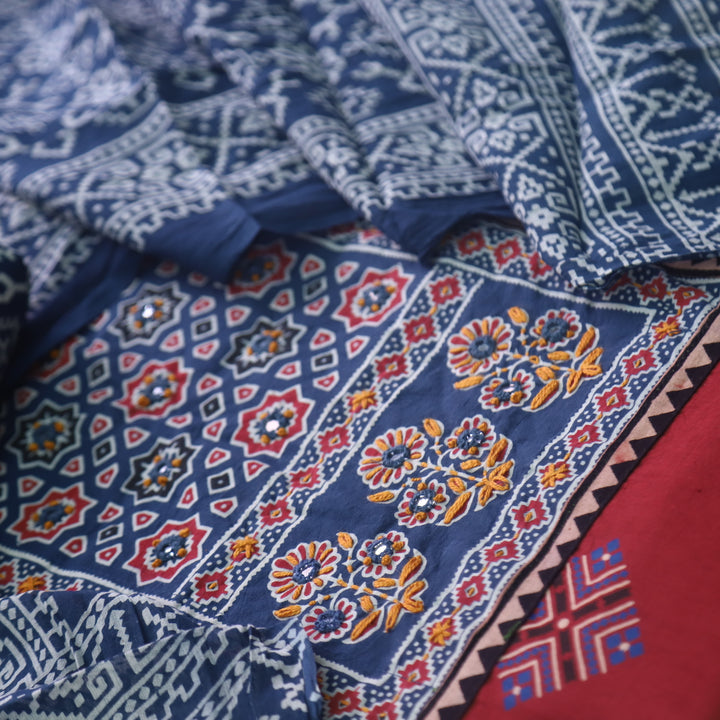 Chandni Apple Red Ajrak Print Patch Work Cotton Top With Printed Dupatta-D1