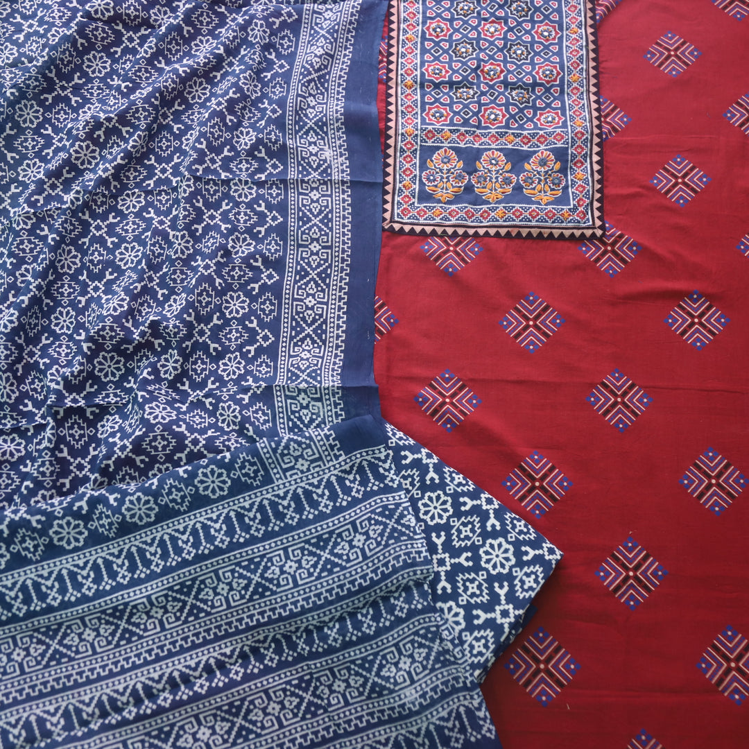 Chandni Apple Red Ajrak Print Patch Work Cotton Top With Printed Dupatta-D1
