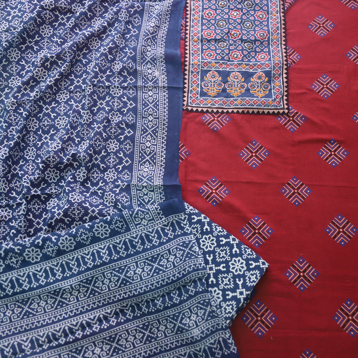 Chandni Apple Red Ajrak Print Patch Work Cotton Top With Printed Dupatta-D1
