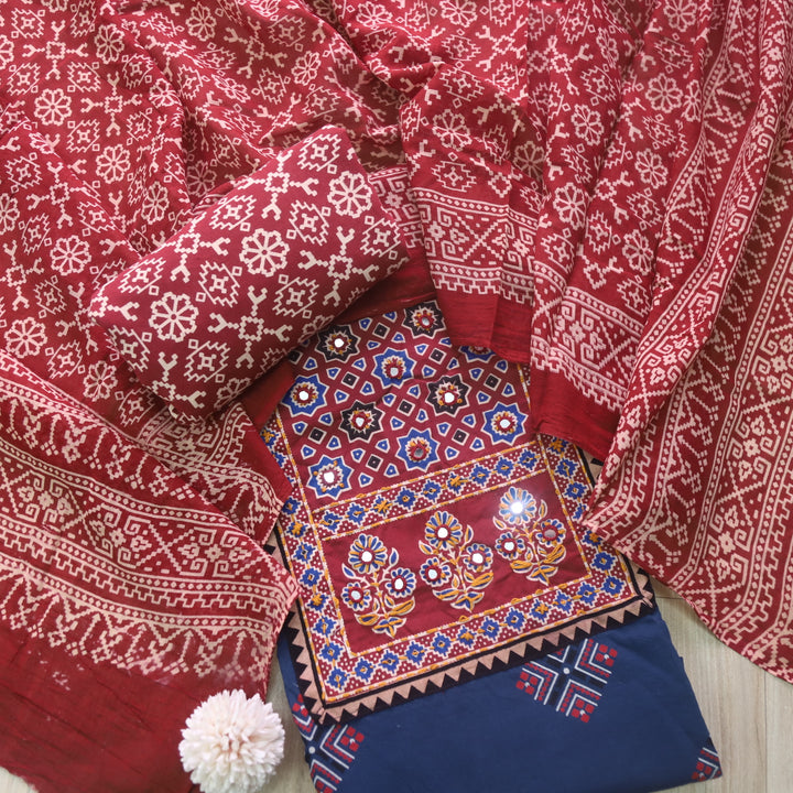 Chandni Denim Blue Ajrak Print Cotton Top With Printed Dupatta-D1