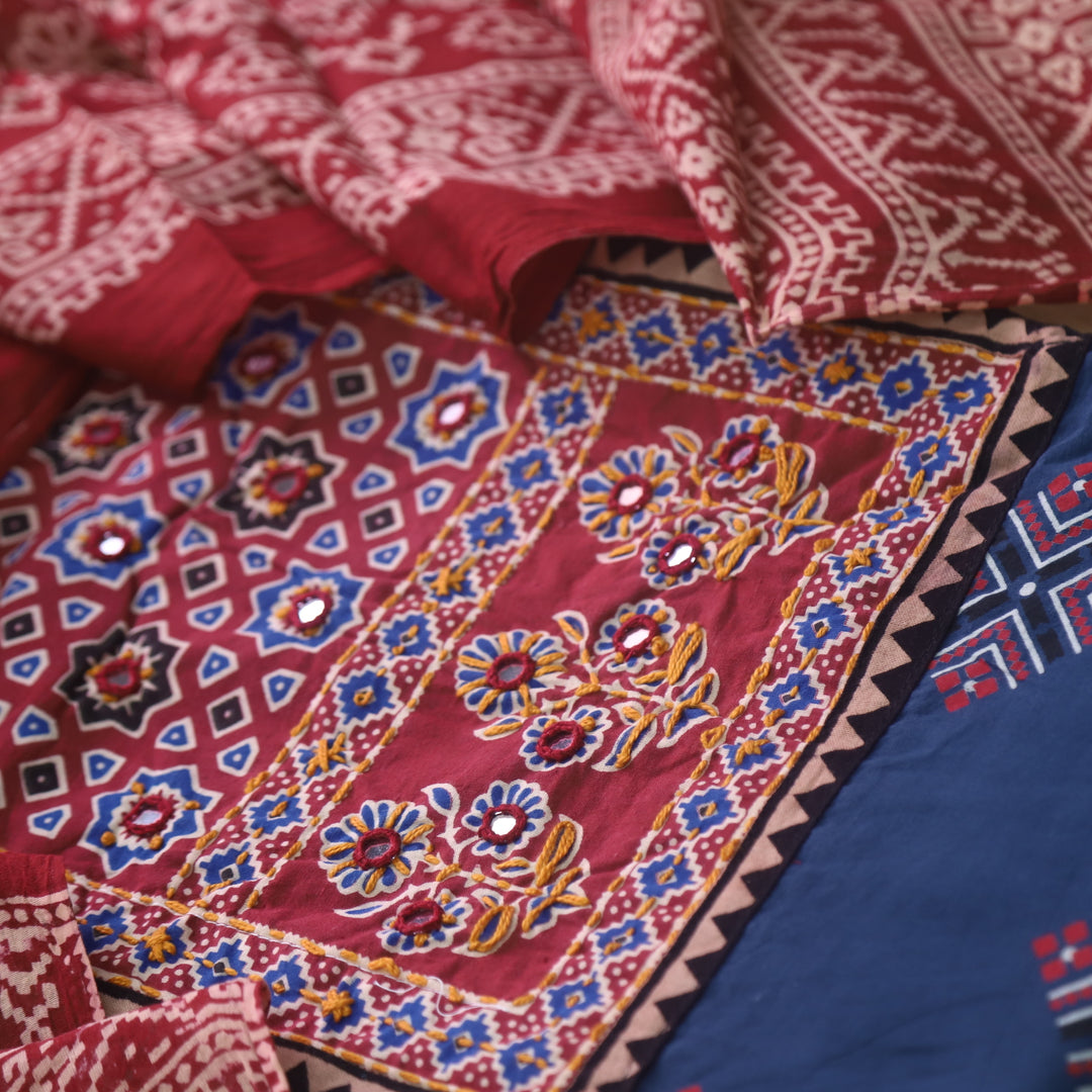 Chandni Denim Blue Ajrak Print Cotton Top With Printed Dupatta-D1