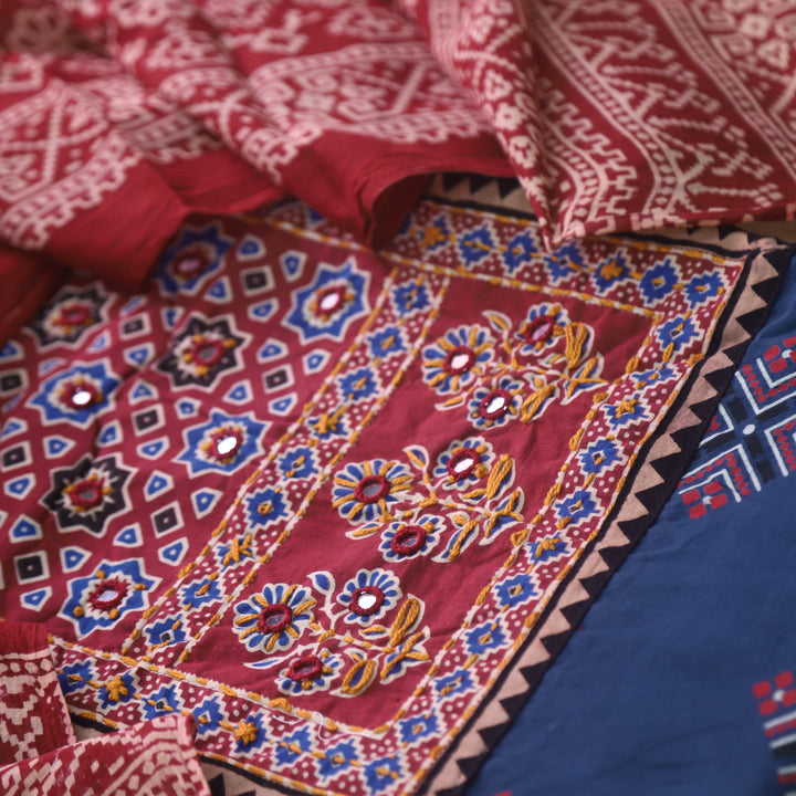 Chandni Denim Blue Ajrak Print Cotton Top With Printed Dupatta-D1