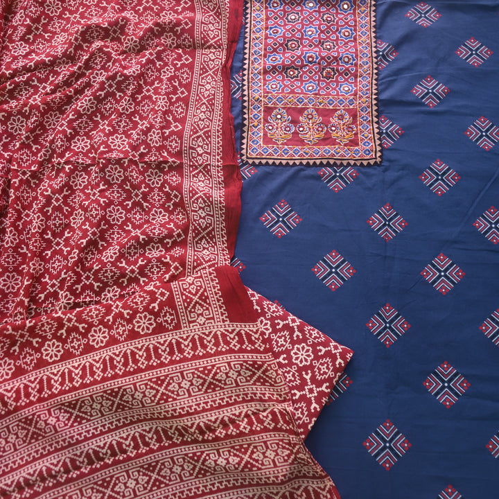 Chandni Denim Blue Ajrak Print Cotton Top With Printed Dupatta-D1