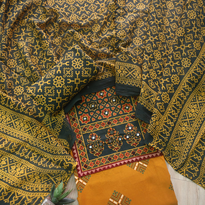 Chandni Canary Yellow Ajrak Print Patch Work Cotton Top With Printed Dupatta-D1
