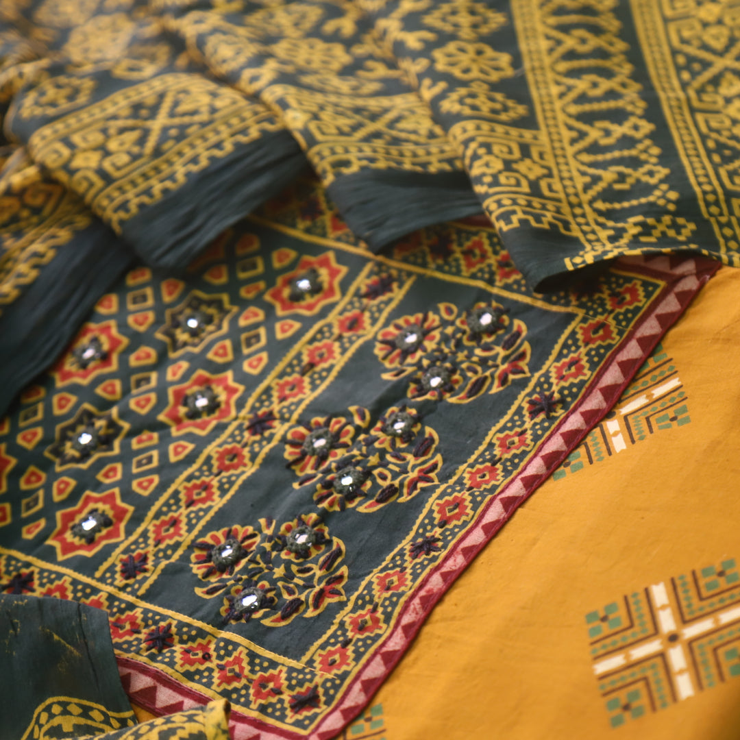 Chandni Canary Yellow Ajrak Print Patch Work Cotton Top With Printed Dupatta-D1